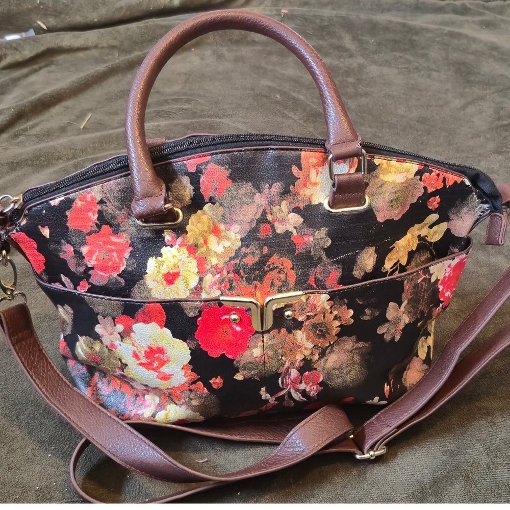 Bueno Floral Satchel Handbag Black Brown Faux Leather Crossbody Bag